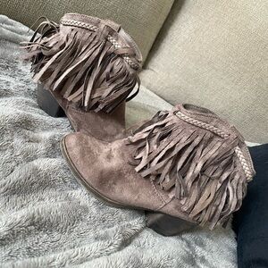 Girls Fringe Suede Ankle Boots - Brown